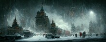 Relaxed Old Renaissance City With Snow At Night, With Concept Art. Landscape, Vibrant Color.