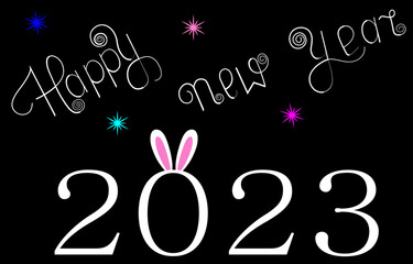 Vector Happy New Year 2023 greeting card. Year of the rabbit. The rabbit ears in the picture are the symbol of 2023. Decorative design template for brochure, card, banner, print. Made on a black backg