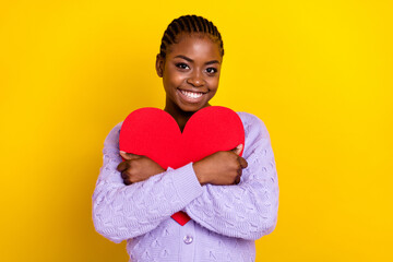 Wall Mural - Portrait of gorgeous cheerful person hands hold embrace red paper heart isolated on yellow color background