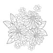 vector chrysanthemum coloring page, orientla flower and leafes outline decoration, bouquet coloring book for adults