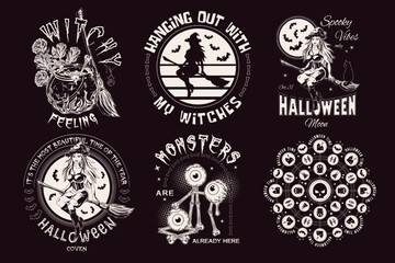 Wall Mural - Set of halloween vintage labels with beautiful witch, bones, roses, cauldron, moon, broomstick, monsters, eyeballs, text. Monochrome creative illustrations on a black background