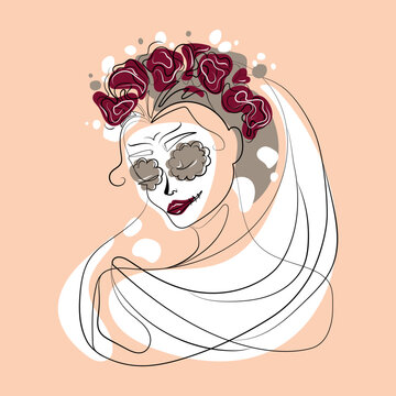 Woman face in flower wreath and sugar skull makeup vector minimal art illustration.Abstract female gothic portrait.Dia de los muertos poster with Katrina skull.Creepy girl dead bride