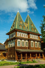 Beautiful wooden towers of the Kolomna Palace of Tsar Alexei Mikhailovich on a clear sunny day. Sights of Moscow, World tourism.