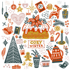 Wall Mural - Christmas set square card with cake vector illustration