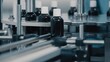 © MIKHAIL - Automated production line conveyor in a factory with screw caps on glass bottles. Medical Conveyor Production of Pharmaceuticals. Twist Bottles. Pharmaceutical Industry. Close up, DOF