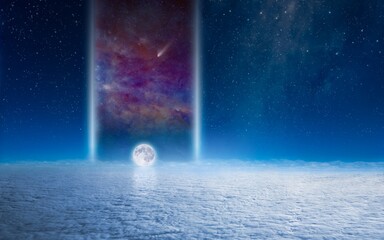 Wall Mural - amazing fantastic image: huge teleport to another galaxy, full moon with reflection, aerial view of 