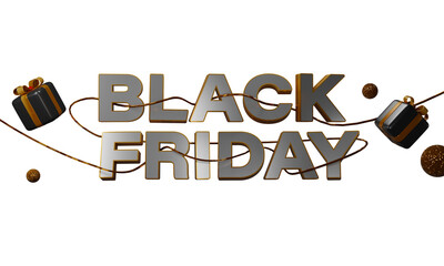 Wall Mural - 3d black friday text with golden string, gift boxes and glitter balls decorated background. advertis