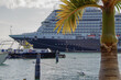Huge modern HAL cruiseship or cruise ship liner Koningsdam in port during Caribbean cruising dream vacation	tropical island scenery
