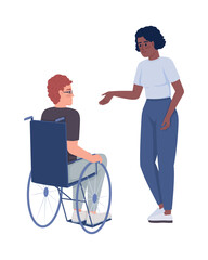 Sticker - Lady offers help to disabled man semi flat color vector characters. Editable figures. Full body people on white. Support simple cartoon style illustration for web graphic design and animation