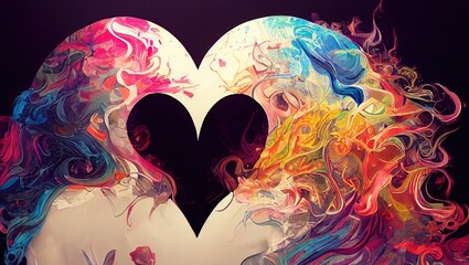 Artwork of a heart surrounded by multicolored fluid motion on a black background