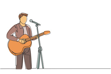 Wall Mural - One continuous line drawing of young happy male guitarist playing acoustic guitar and singing on music festival stage. Musician artist performance concept single line draw design vector illustration