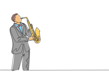 Wall Mural - Single continuous line drawing of young happy male saxophonist with hat performing to play saxophone on music concert. Musician artist performance concept one line draw design vector illustration