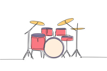Poster - One single line drawing of drum band set. Percussion music instruments concept. Trendy continuous line draw design graphic vector illustration