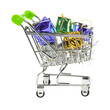 Supermarket trolley with the xmas gifts and drum. Shopping cart isolated on white background. Christmas shopping concept.