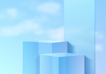 Sticker - realistic 3d blue glass cube stand podium set with partition and blue sky background. pastel minimal