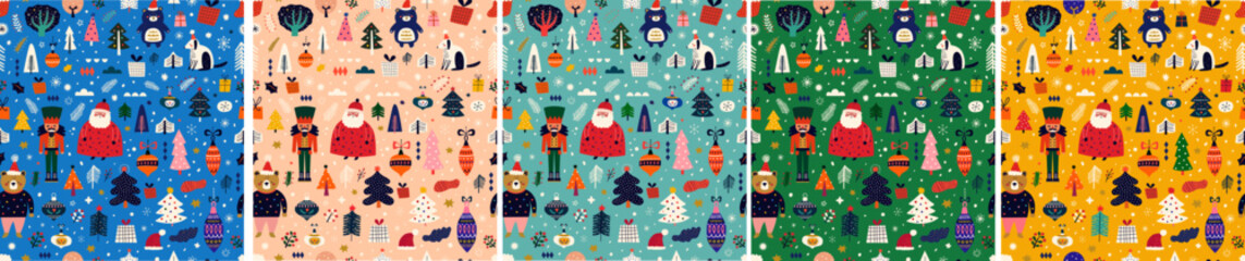 Wall Mural - set of new year and christmas seamless patterns with holiday symbols and element