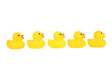Five Yellow Plastic Rubber Ducks In A Row, Png Stock Photo File Cut Out And Isolated On A Transparent Background
