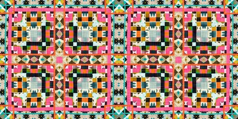 Wall Mural - Kitsch pattern geometric retro design in seamless border background. Trendy modern boho geo in vibrant colorful graphic ribbon trim edge. Repeat tile for patchwork effect endless band.