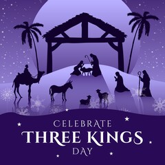 Composition of three kings day text over nativity