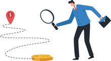 Financial Navigation. Path To Financial Success. Earning Extra Income Or Increasing Salary.  Businessman Holding A Magnifying Glass To Search And Track The Trace Of Money.