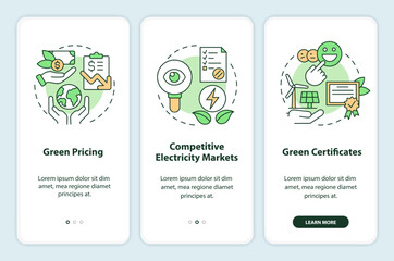 Buying clean electricity onboarding mobile app screen. Green power walkthrough 3 steps editable graphic instructions with linear concepts. UI, UX, GUI template. Myriad Pro-Bold, Regular fonts used