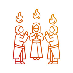 Sticker - Apostles with holy tongues of fire gradient linear vector icon. Pentecost celebration. Men stand in circle and pray. Thin line color symbol. Modern style pictogram. Vector isolated outline drawing