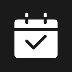 Sticker - Calendar pixel dark mode glyph ui icon. Planning events. Schedule app. User interface design. White silhouette symbol on black space. Solid pictogram for web, mobile. Vector isolated illustration