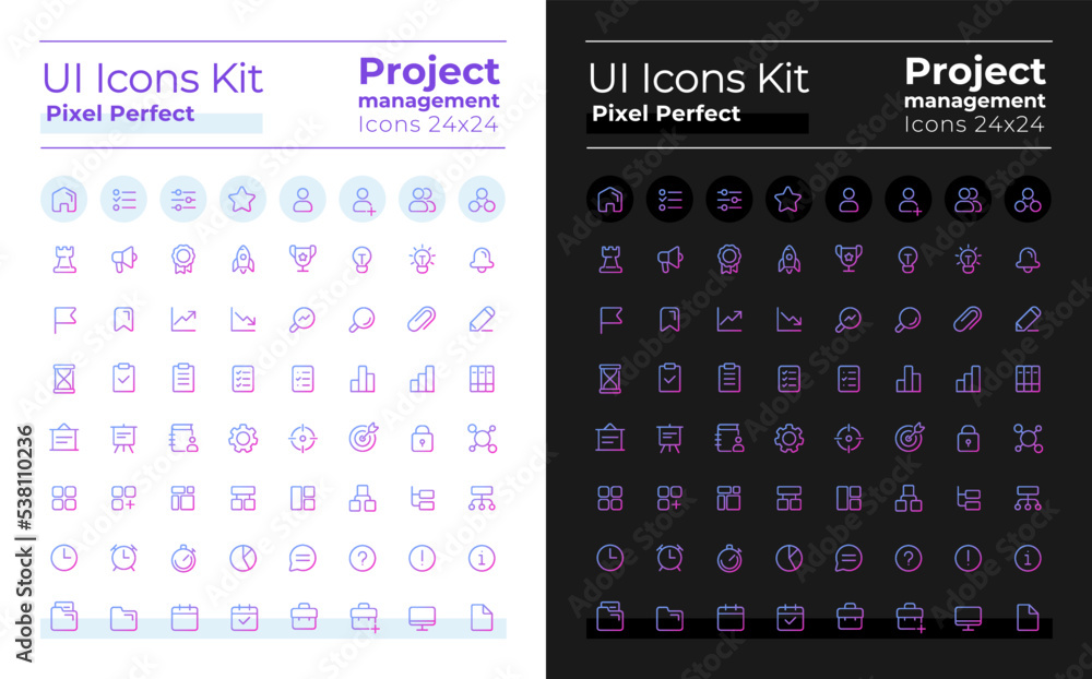 Project management pixel perfect gradient linear ui icons kit for dark ...