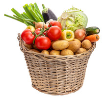 PNG Basket With Vegetables. Potatoes, Onions, Tomatoes, Cabbage And Other Vegetables