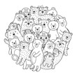 Cute bears circle shape pattern for coloring book. Forest animals coloring page. Doodle style print for kids and adults. Vector illustration
