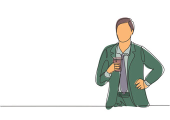 Wall Mural - Single continuous line drawing of young handsome businessman holding a cup of coffee drink while pose standing at office corridor. Drinking tea concept one line draw design vector graphic illustration