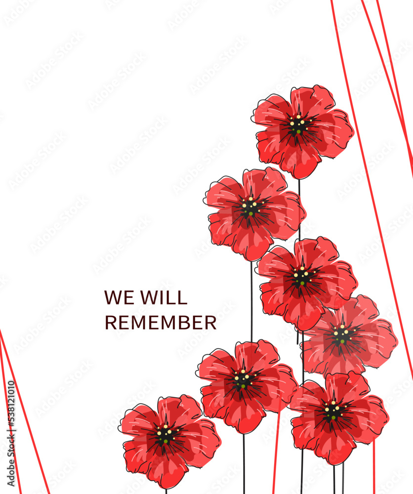 Red bright poppy flower, Vector doodle banner, poster for Remembrance ...