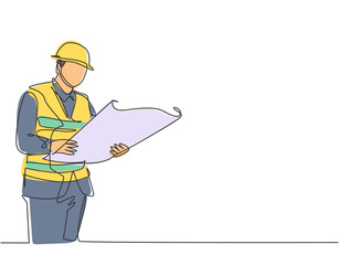 Wall Mural - One continuous line drawing of young foreman manager controlling the construction of building. Building architecture business concept. Single line draw vector graphic design illustration