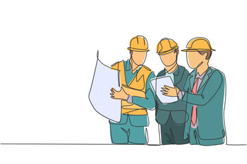 One continuous line drawing of young architect, manager and engineer meeting at building construction site. Building architecture business concept. Single line draw design illustration