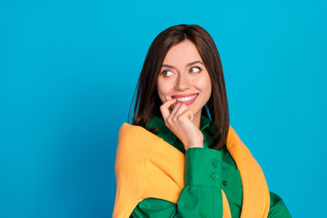 Wall Mural - portrait of pretty positive lady toothy smile finger touch lip look interested empty space isolated 