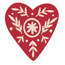 Scandinavian Authentic Minimal Nordic Heart Illustration On Isolated Background. Heart With Folk Nordic Geometry Ornaments In Flat Modern Scandinavian Style. 