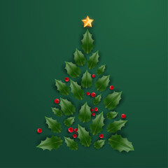 Wall Mural - Christmas Tree Made of holly berry leaves with star. Holiday background and festive decorations. Christmas and new year poster