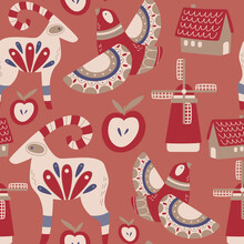 Scandinavian Authentic Minimal Nordic Seamless Pattern With Goat, Mill, House And Birds Illustration On Isolated Background With Folk Ornaments In Flat Modern Scandinavian Style. 