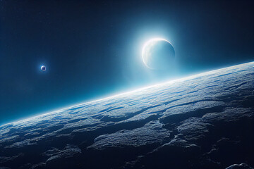 Wall Mural - 3d rendering of an earth like planet with moon in space. sci- fi, futuristic, technology, astronomy,