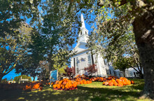 New England Church With Autumn Pumpkin Patch At Chatham, Cape Cod