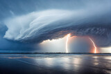 dramatic and powerful tornado. Lightning thunderstorm flash over the night sky. Concept on topic weather, cataclysms (hurricane, Typhoon, tornado, storm). Stormy Landscape.