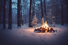 A Cozy Wooden Campfire In A Snowy Forest, Winter