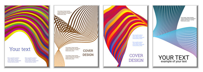 A set of 4 abstract covers. Wavy parallel gradient lines, ribbons evolve. Cover design, background. Trendy banner, poster.