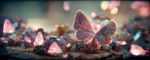 Large Stunningly Beautiful Fairy Wings Fantasy Crystal Glass Glitter Butterfly Sits On A Light Blue Stone. The Insect Casts A Shadow On Nature.The Insect Has Many Geometric Angles.3d Render