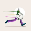 Art collage. Running businessman with clock in hands. Time management concept.