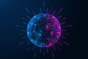 Wall Mural - World of the metaverse. Global network. Sphere with outgoing rays. Polygonal design of lines and particles.