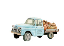 Watercolor Retro Truck With Pumpkins Isolated On White Background For Halloween Designs Like Cards, Invitations, Holiday Decorations