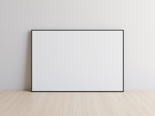 Thin black picture frame, blank landscape oriented picture at white wall. Template for your content. 3D illustration.