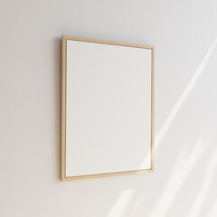 Wall Mural - Single empty wooden picture frame on white background. Sun rays coming from outside. Template for your content. 3D illustration.