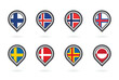 Nordic Council countries and territories Map Point on white background. Finland, Iceland, Norway, the Faroe Islands, Sweden, Denmark,  Aland Islands, and Greenland. Navigation icons set. Vector icon s
